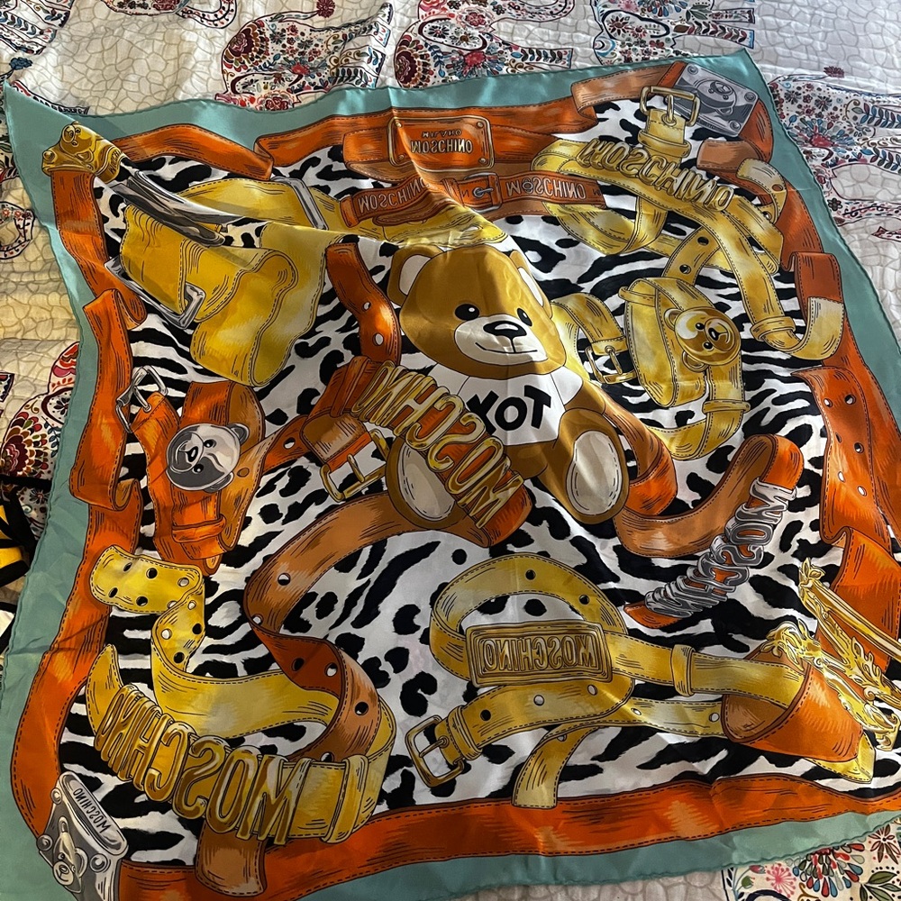 Moschino silk Orange and Yellow Bear Print Scarf
